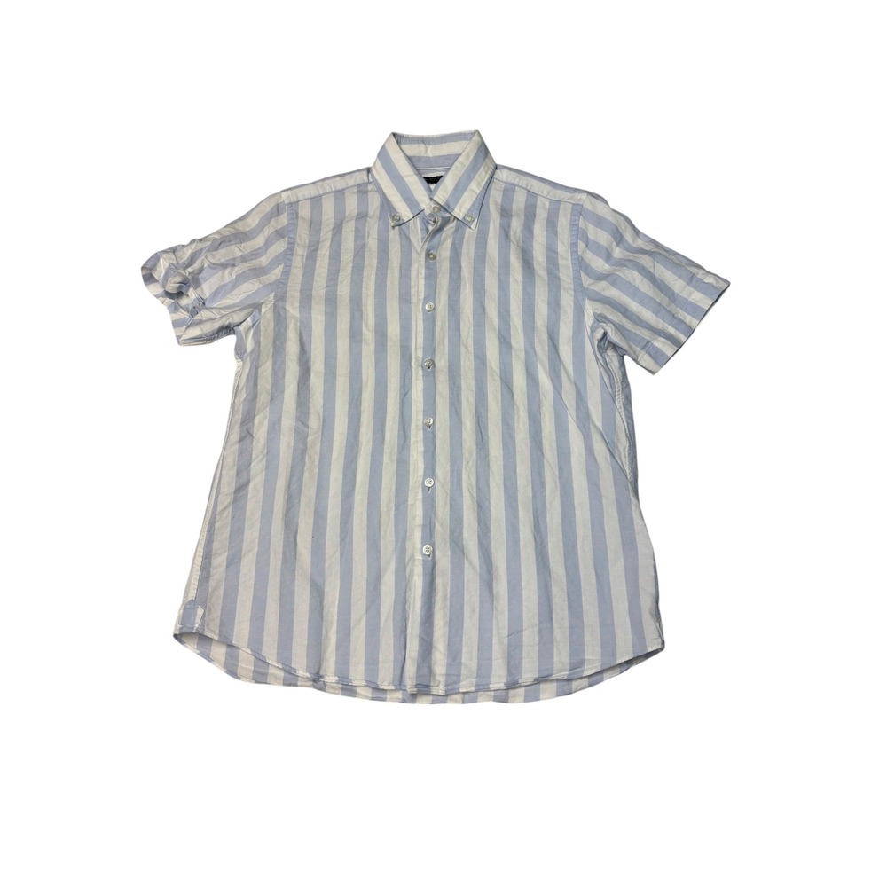 Proper Cloth Mens Blue White Striped Cotton Linen Short Sleeve Shirt Size 15